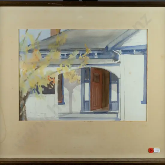 Kay Jamieson 1982 - framed watercolour - door H240 W330 (slight foxing, mat needs attention)