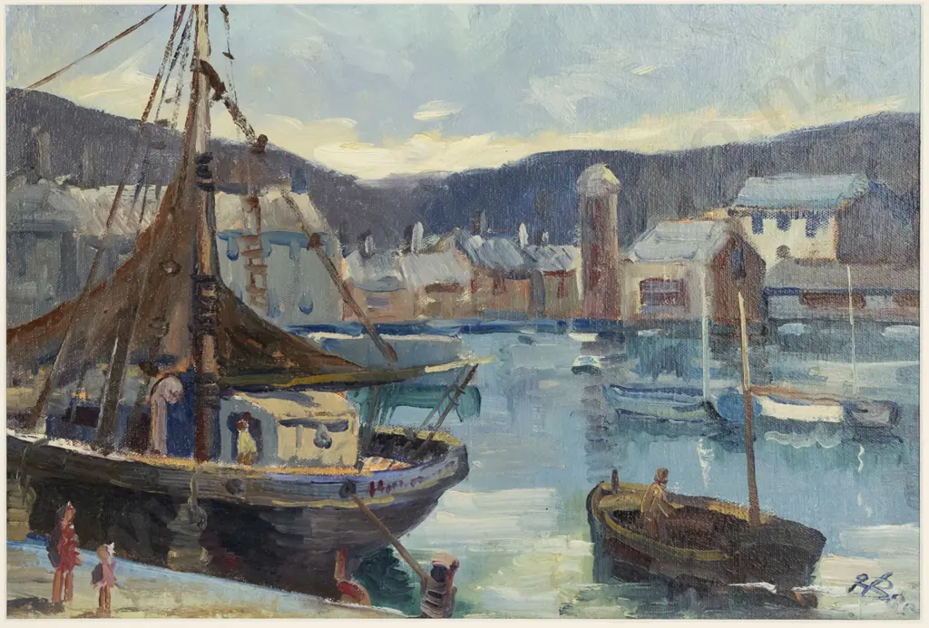 Initials RB (89?) framed oil on canvas, window mat but no glass - wharf and harbour scene H-270 W-390 Image 1++