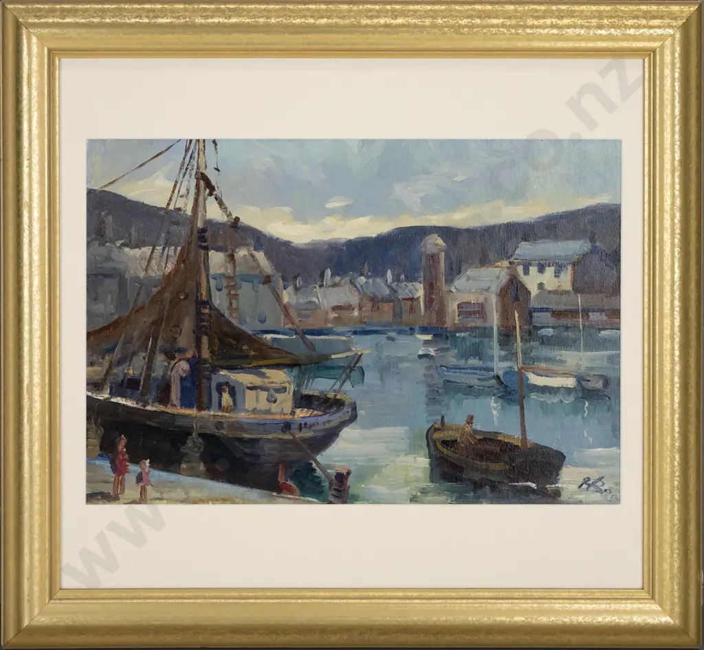 Initials RB (89?) framed oil on canvas, window mat but no glass - wharf and harbour scene H-270 W-390 Image 1++