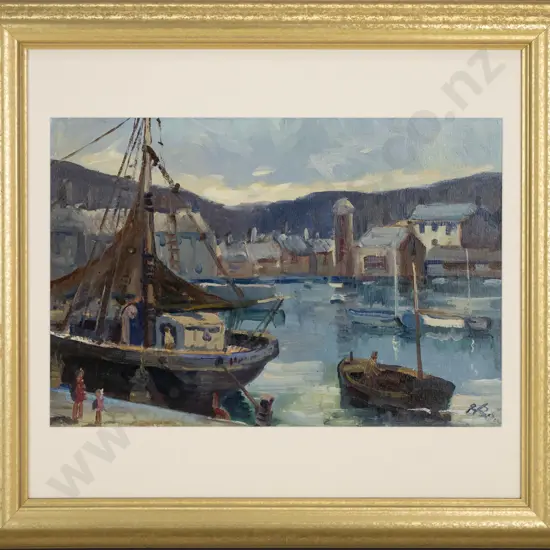 Initials RB (89?) framed oil on canvas, window mat but no glass - wharf and harbour scene H-270 W-390