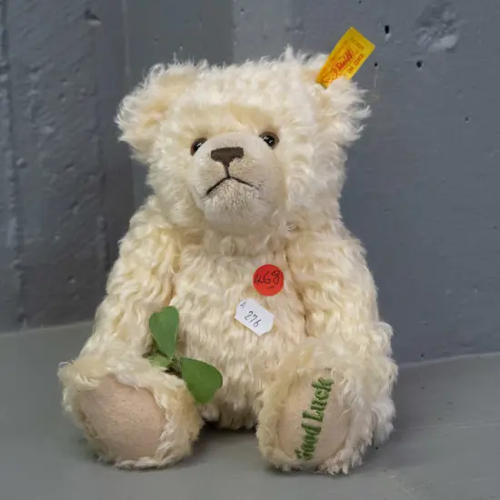 small Steiff lucky teddy bear - "Good Luck" embroidered in foot, 3-leaf clover attached to arm H-220
