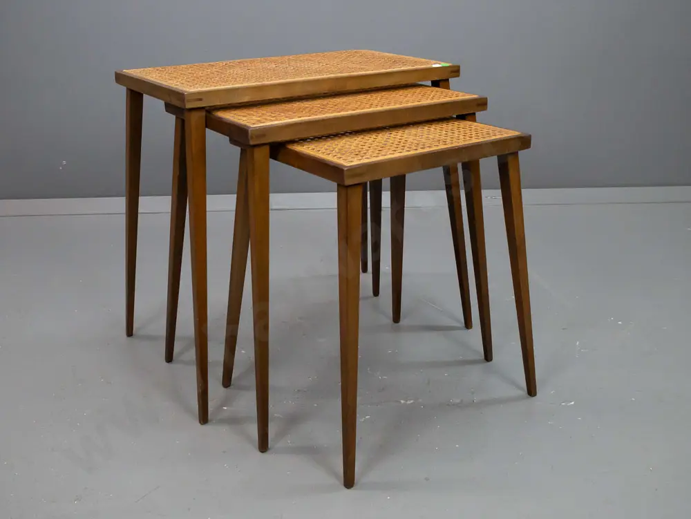 mid-century mahogany and beech set of 3 nesting tables with square tapered & splayed legs, cane mat tops - some fading, Image 1++
