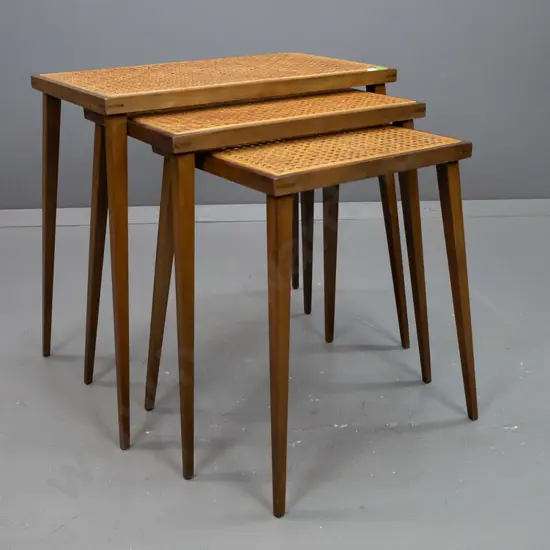 mid-century mahogany and beech set of 3 nesting tables with square tapered & splayed legs, cane mat tops - some fading,
