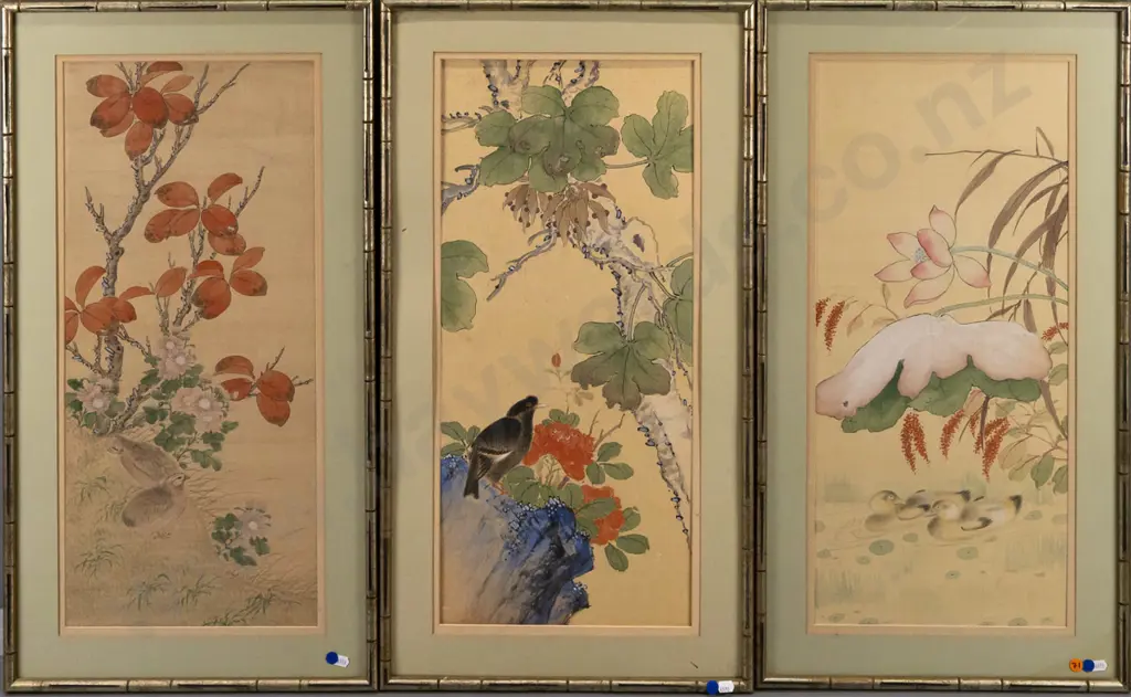 3x framed East Asian silk paintings [blue dots], birds & foliage, each H-600 W-270 [one frame missing glass] Image 1++