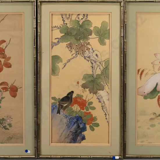 3x framed East Asian silk paintings [blue dots], birds & foliage, each H-600 W-270 [one frame missing glass]