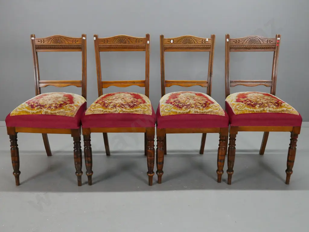4 Edwardian beech dining chairs with turned front legs, carved back rail, reeded back supports, tapestry seats with Image 1++