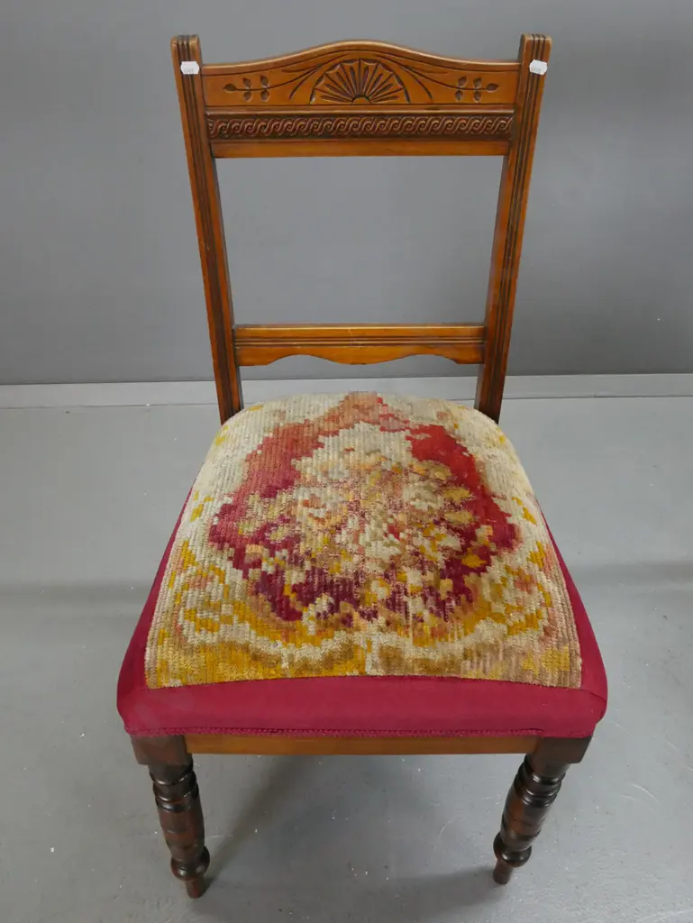 4 Edwardian beech dining chairs with turned front legs, carved back rail, reeded back supports, tapestry seats with Image 1++