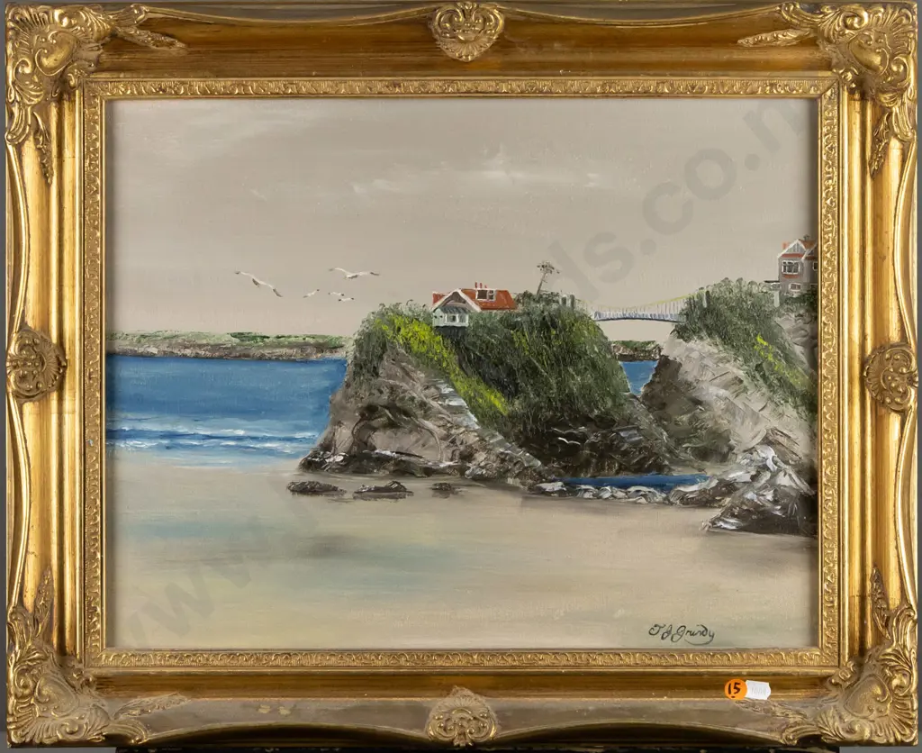 T J Grundy -- gilt-framed oil on canvas, coastal scene with houses & bridge, H-340 W-440 Image 1++