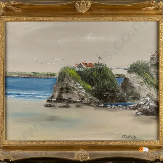 T J Grundy -- gilt-framed oil on canvas, coastal scene with houses & bridge, H-340 W-440