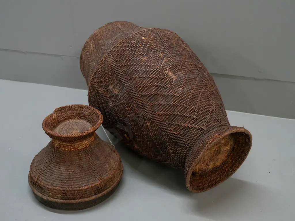 woven textile camel milk container with lid, from Somalia H-540 D-230 at widest Image 1++