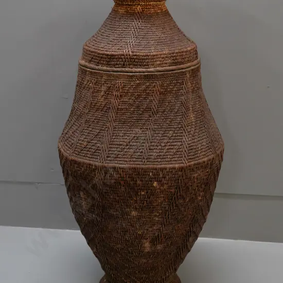 woven textile camel milk container with lid, from Somalia H-540 D-230 at widest