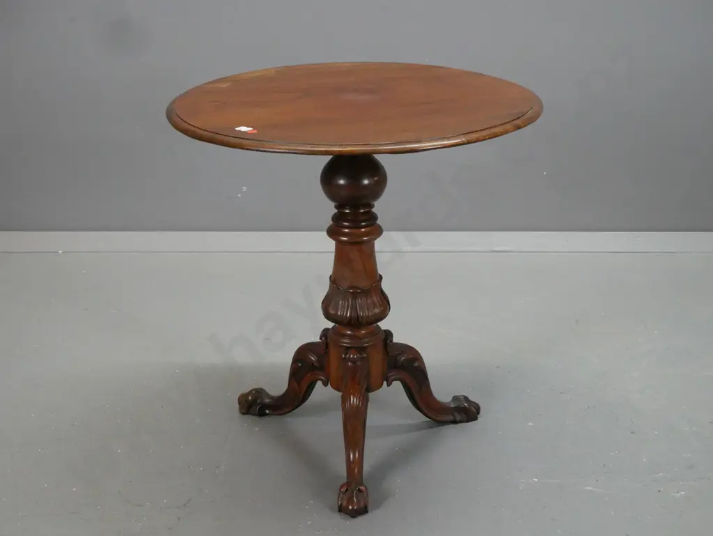vintage round-top occasional table  - mahogany top on Victorian walnut turned & carved column base, lion's paw feet, Image 1++