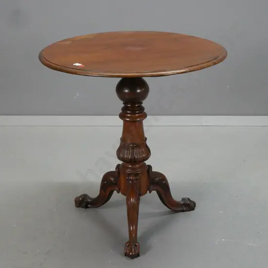 vintage round-top occasional table  - mahogany top on Victorian walnut turned & carved column base, lion's paw feet,