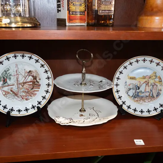 2-tier cake plate and 2 Royal Copehnagen cabinet plates