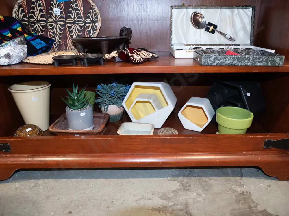 shelf of jardinieres, wall pocket vases, flower frogs etc. Image 1++