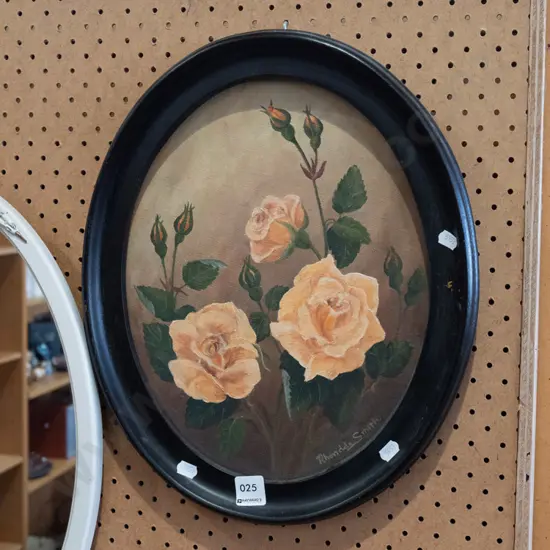 Rhonda Smith - oval framed oil on board - roses