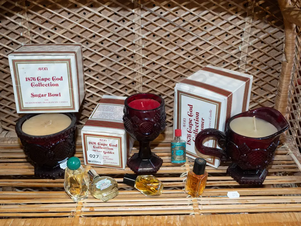 assorted candles and ruby glass vessels, miniature perfumes Image 1++