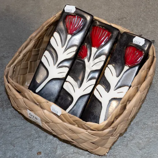 3 pohutukawa tiles in a woven flax 2-piece box
