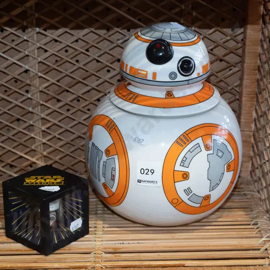 Star Wars items - droid biscuit tin and Phantom Menace ornament