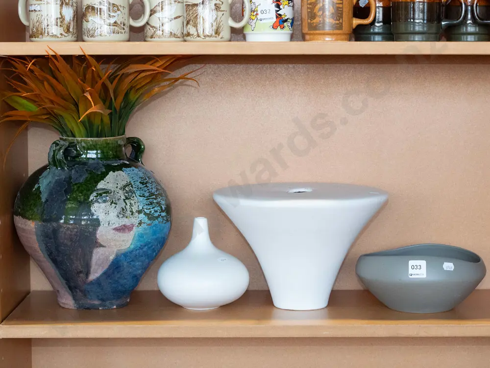 shelf of contemporary vases, bowl, terracotta studio pottery vase Image 1++
