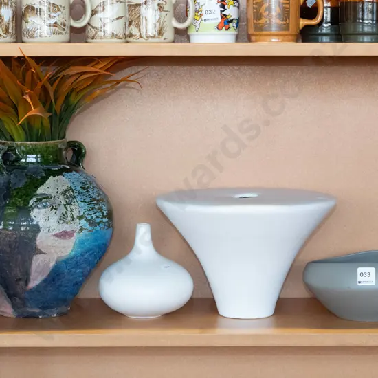 shelf of contemporary vases, bowl, terracotta studio pottery vase