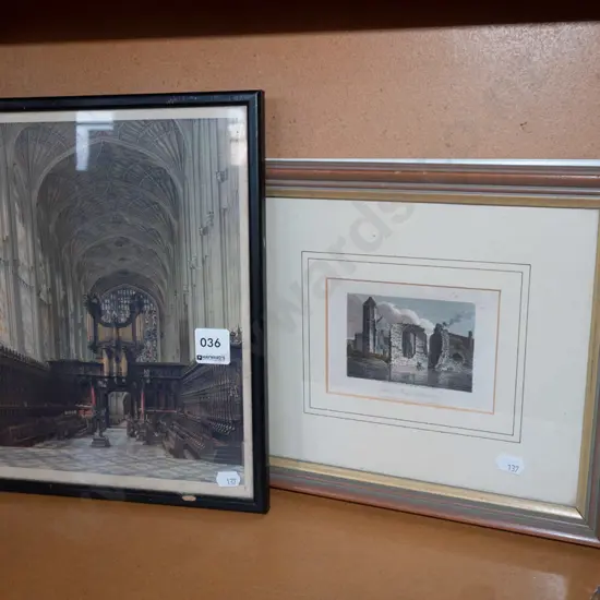 2 framed prints - cathedral & ruins - slight foxing