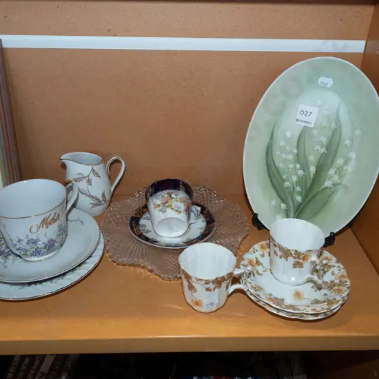 hand painted oval dish, cups, saucers, jug etc.
