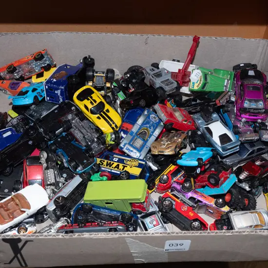 box of toy vehicles