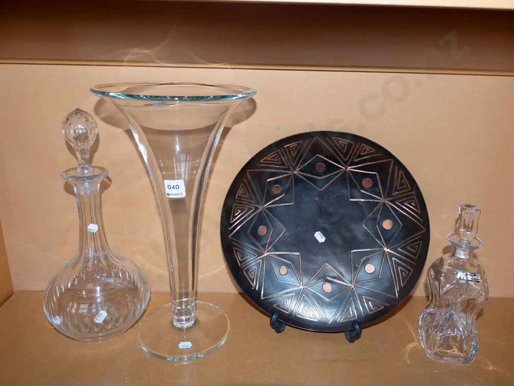 tall glass vase H-350, 2 decanters and a retro copper wall charger Image 1++