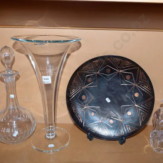 tall glass vase H-350, 2 decanters and a retro copper wall charger