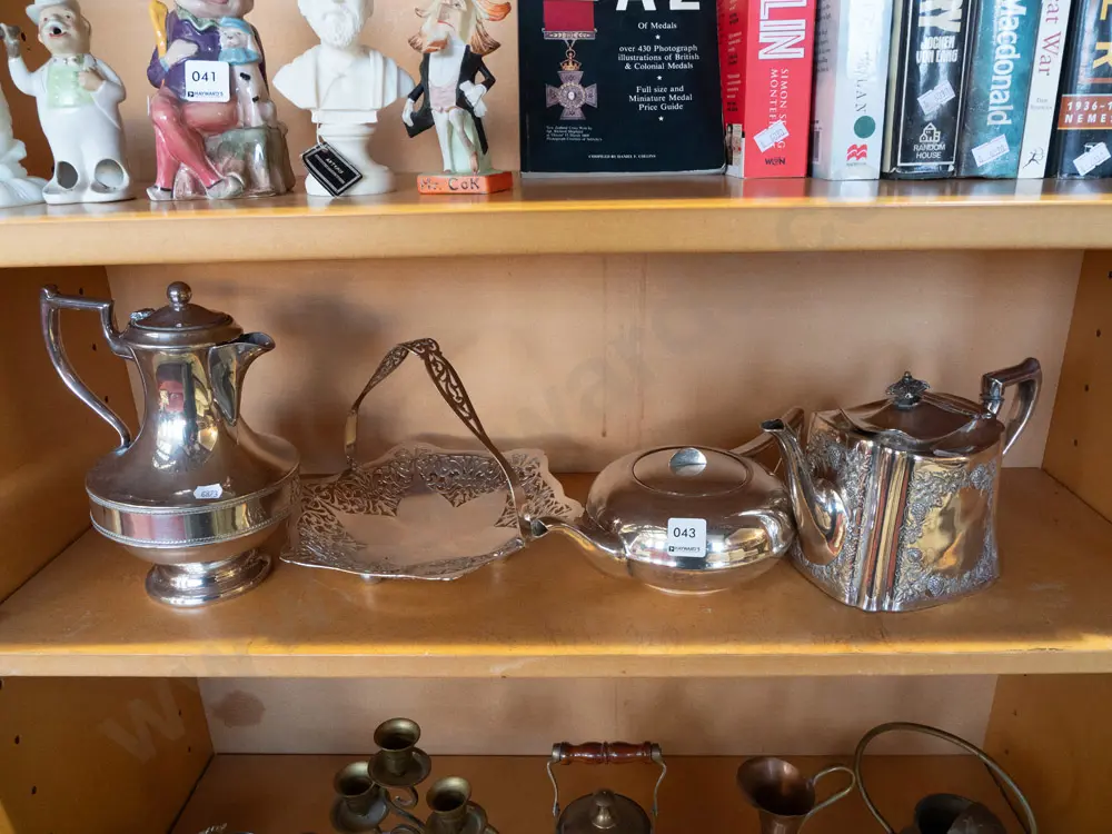 shelf of plated ware - teapots, coffee pot, basket tray Image 1++