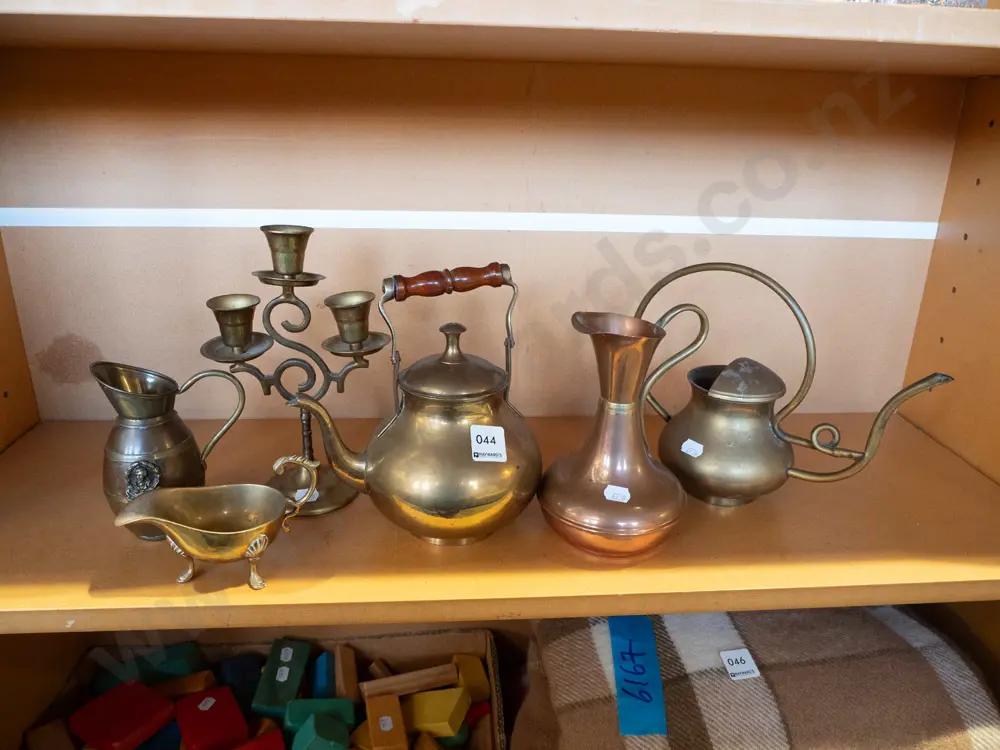 shelf of copper and brass ware - jugs, teapot, candelabra H-210 Image 1++