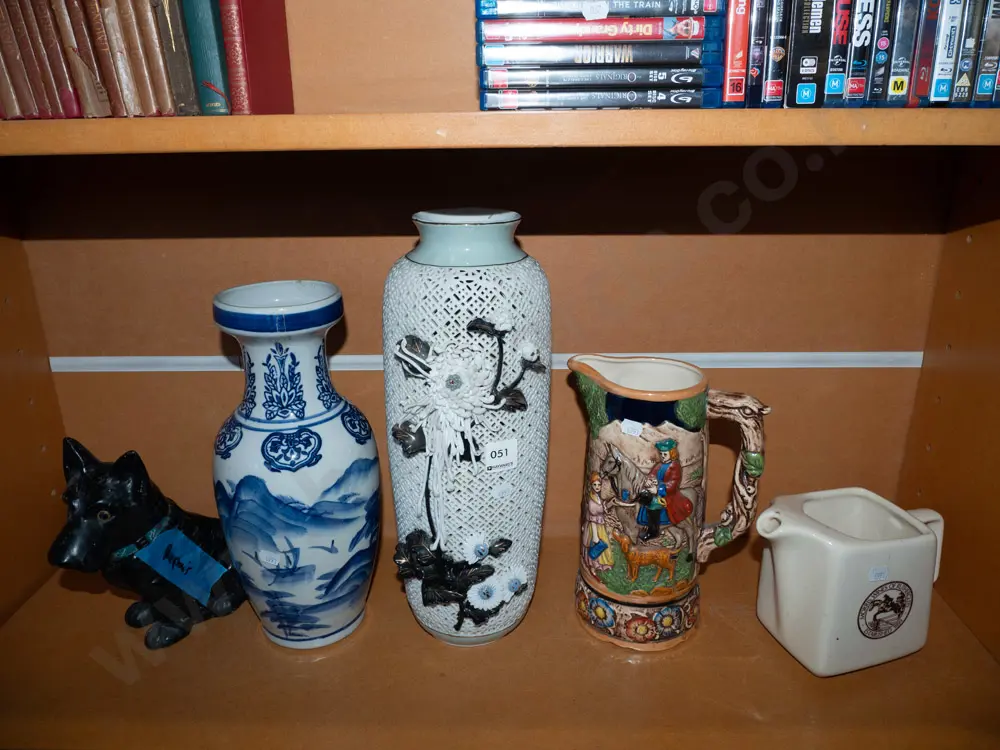 Scottie dog figurine - repair, musical jug, whisky jug and pierced floral vase Image 1++