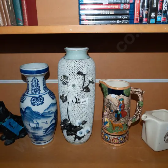 Scottie dog figurine - repair, musical jug, whisky jug and pierced floral vase