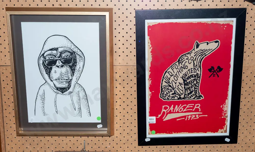 2 framed prints - chimpanzee and bear - green dots Image 1++