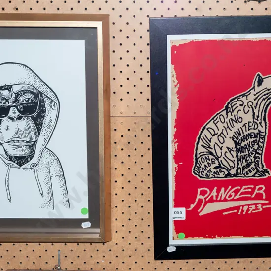 2 framed prints - chimpanzee and bear - green dots