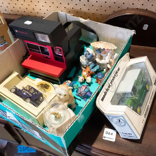 box; Models of Yesteryear and Cadbury die-cast vehicles, Polaroid camera, various toys etc