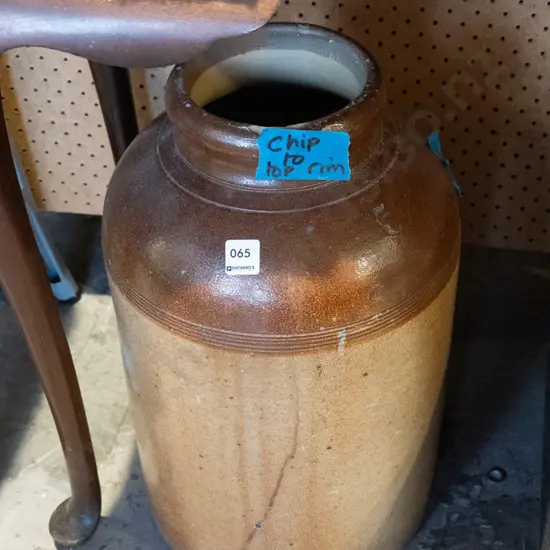 large salt glazed storage crock - chip to rim H480