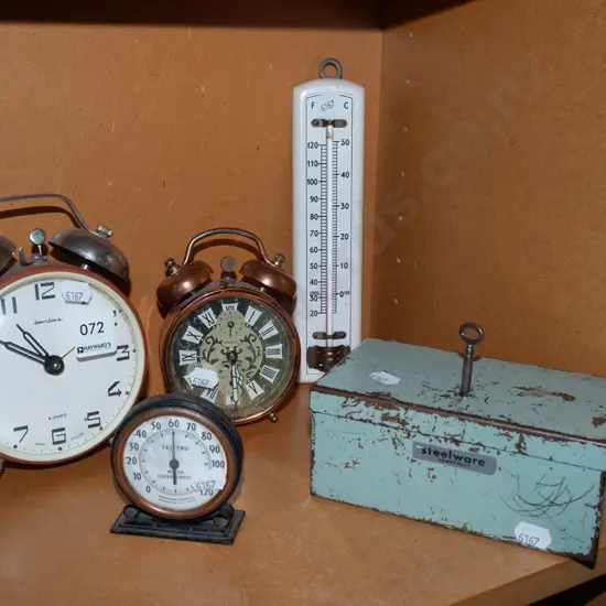 cash box, thermometers, alarm clocks