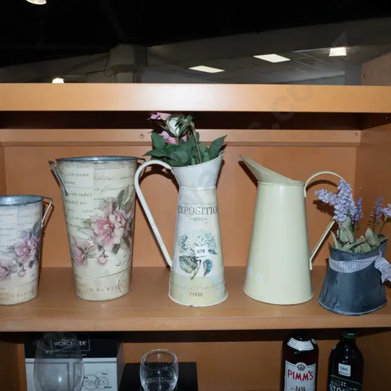 shelf; metal jugs, vases, faux flowers Tallest jug H300