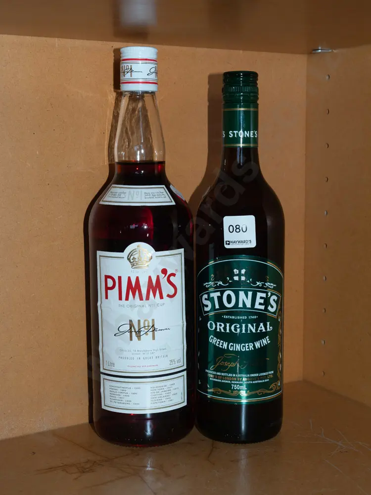 1L bottle of Pims, 750ml bottle of Stone's Green Ginger wine Image 1++