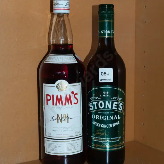 1L bottle of Pims, 750ml bottle of Stone's Green Ginger wine