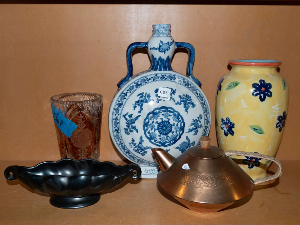 shelf; cut crystal vase - chip, copper teapot, bottle vase etc H330 Image 1++