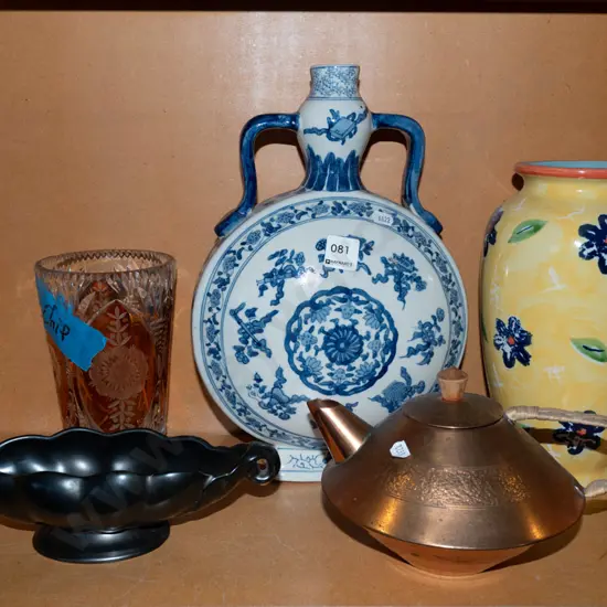 shelf; cut crystal vase - chip, copper teapot, bottle vase etc H330