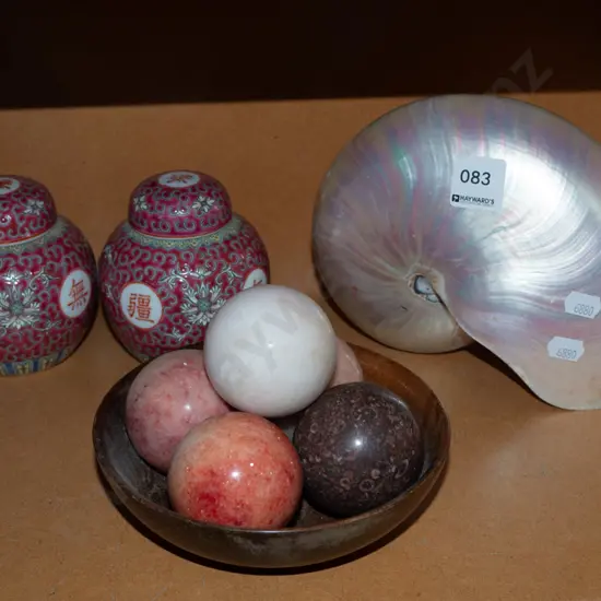 ginger jars, seashell, stone balls etc