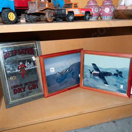 Beefeater Gin advertising mirror, 2x framed photographs of war birds