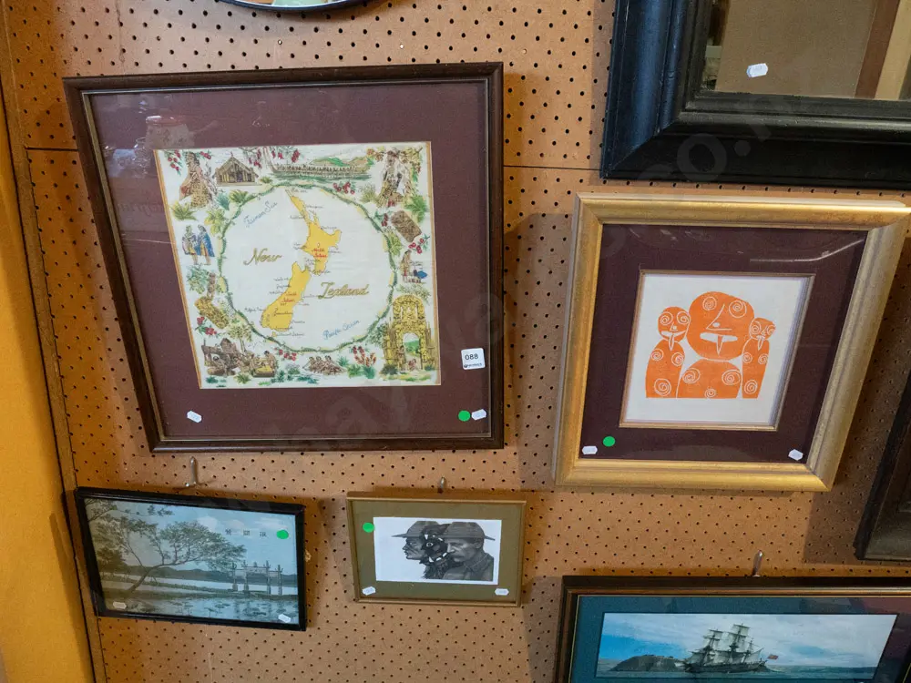 framed NZ tea towel - age, framed screenprint - 3 orange people, Asian needlework, warriors print - green dots Image 1++