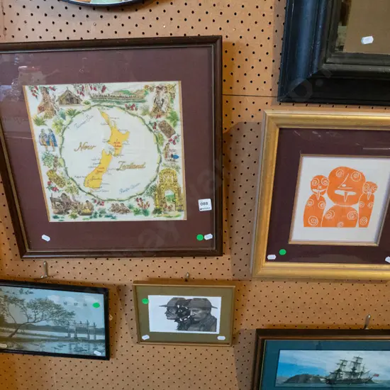 framed NZ tea towel - age, framed screenprint - 3 orange people, Asian needlework, warriors print - green dots