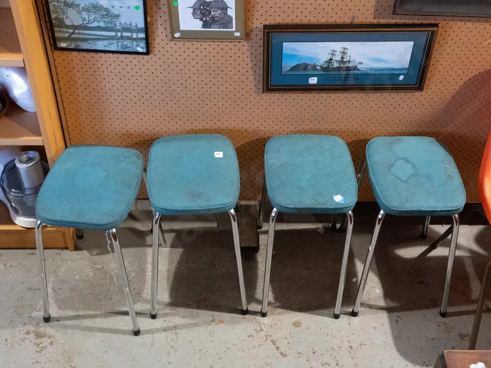 4x chrome leg and teal upholstered stools - significant marks to fabric Image 1++