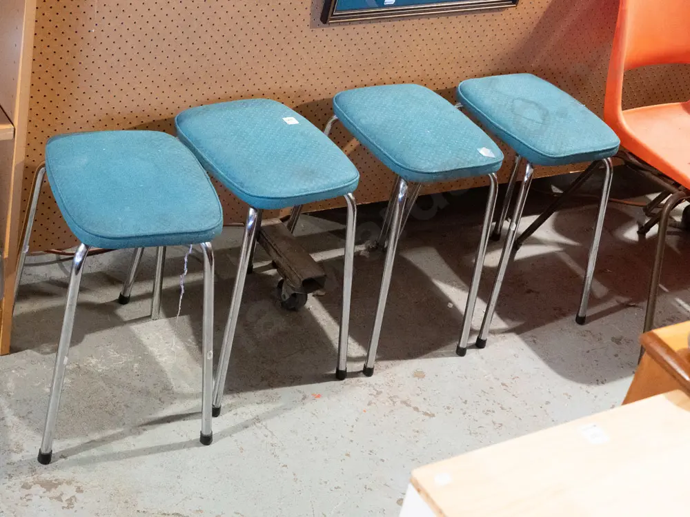 4x chrome leg and teal upholstered stools - significant marks to fabric Image 1++